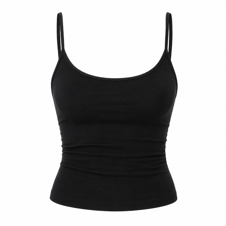 Allsidig dame camitopp med spagettistropper. En kort ermeløs crop topp, perfekt som casual sommertopp.