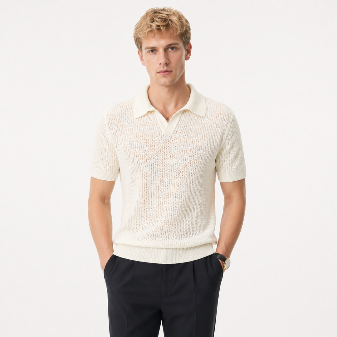 Komfortabel herre strikket polo. Pustende slimfit skjorte med hollow design, perfekt for sommerdager.