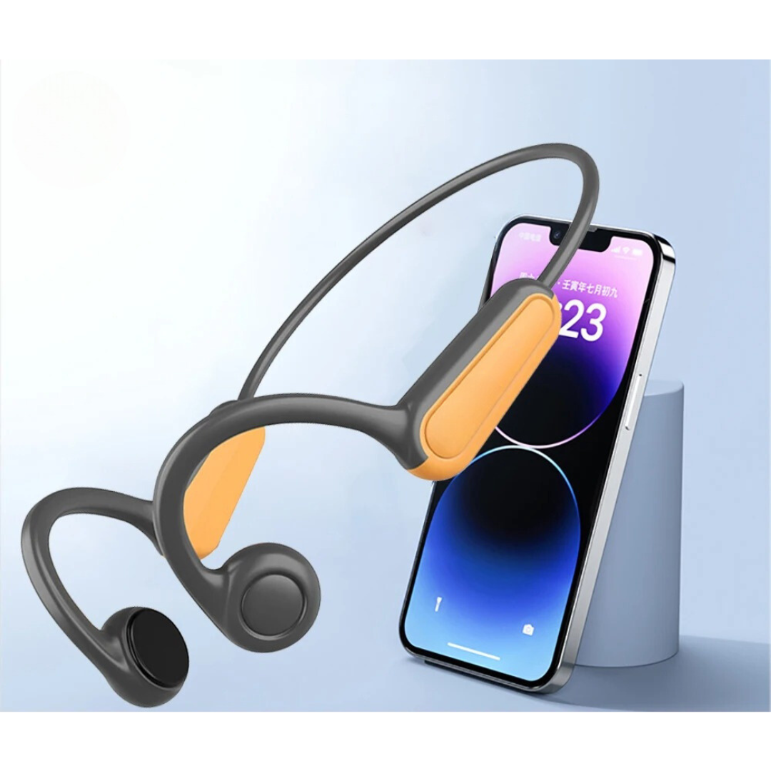 Bone conduction sportshodetelefoner i elegant design, klar for aktiv livsstil. Trygg lyd under trening.