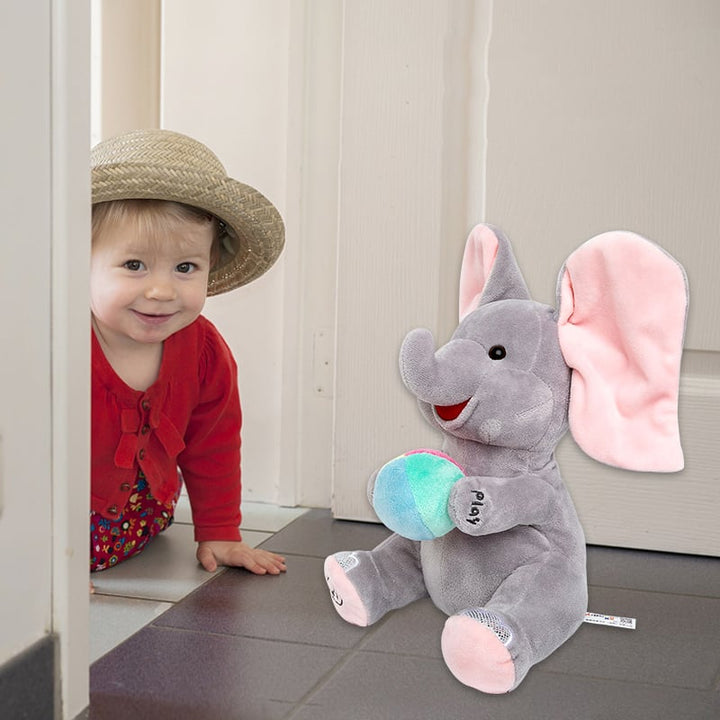 Barnas PeekPal interaktiv plysj elefant lekekamerat; titt-tei funksjon og musikk for barn.