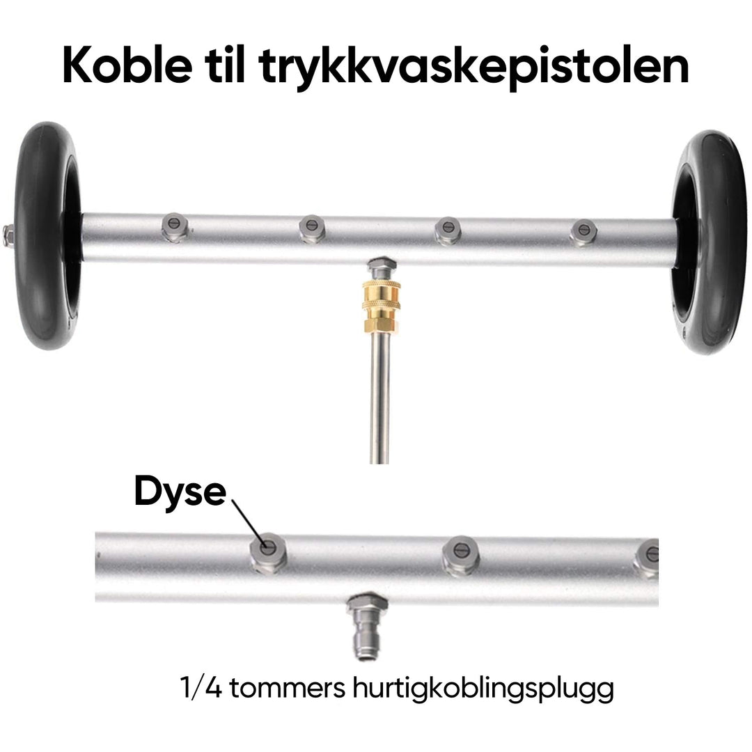 Understellsvasker koblet til høytrykkspyler, klar for effektiv rengjøring av bilunderstell. Essensielt bilpleie verktøy.