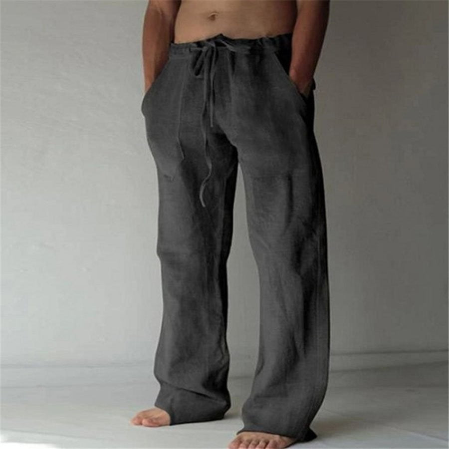 Herre lin fritidsbukser i ensfarget design. Komfortable sommerbukser med avslappet passform, perfekt for varme dager.