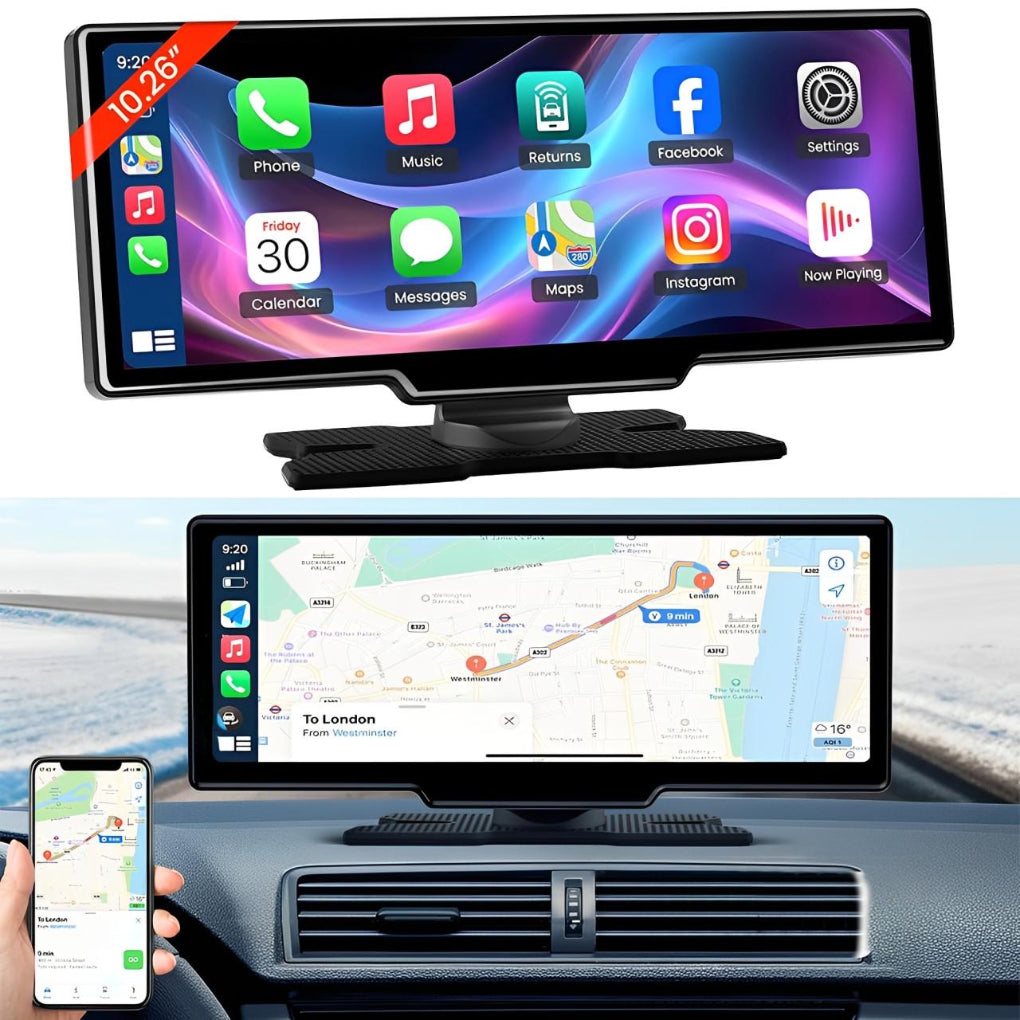 CarPlay bilskjerm med Android Auto, navigasjon og trådløse funksjoner for en smartere og tryggere kjøreopplevelse.