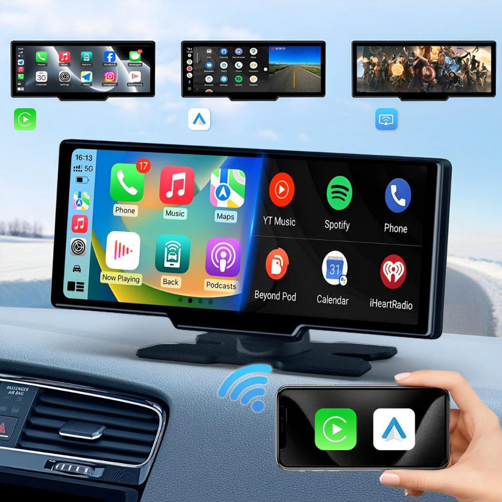 Smart bilskjerm forbedrer kjøreopplevelsen med GPS-navigasjon, medietilgang og håndfri betjening via CarPlay.