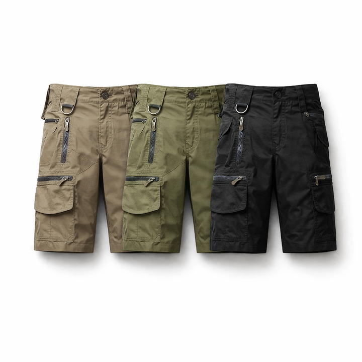 Komfortable, slitesterke herresommershorts i militærstil med mange lommer for aktiv bruk.