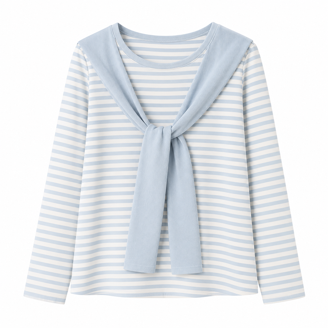 Blå minimalistisk koreansk strikkesett for dame, med elegant topp og sjal. Stripete design, perfekt vår/sommer.