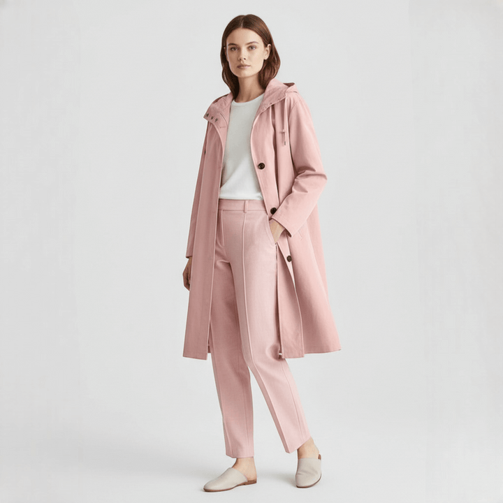 Detaljbilde av kvinners vanntett trenchcoat. Justerbar hette, lang kåpe for stil og beskyttelse mot regn.