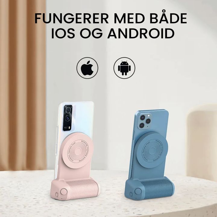 Detaljbilde av magnetisk kamerahåndtak for smarttelefon, med Bluetooth-knapp og ergonomisk design.