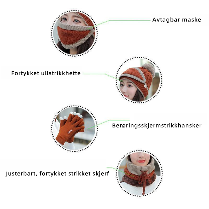 Varmt 4-i-1 vintersett for kvinner i myk ullblanding: lue, hals, maske, hansker. Perfekt mot kulde.