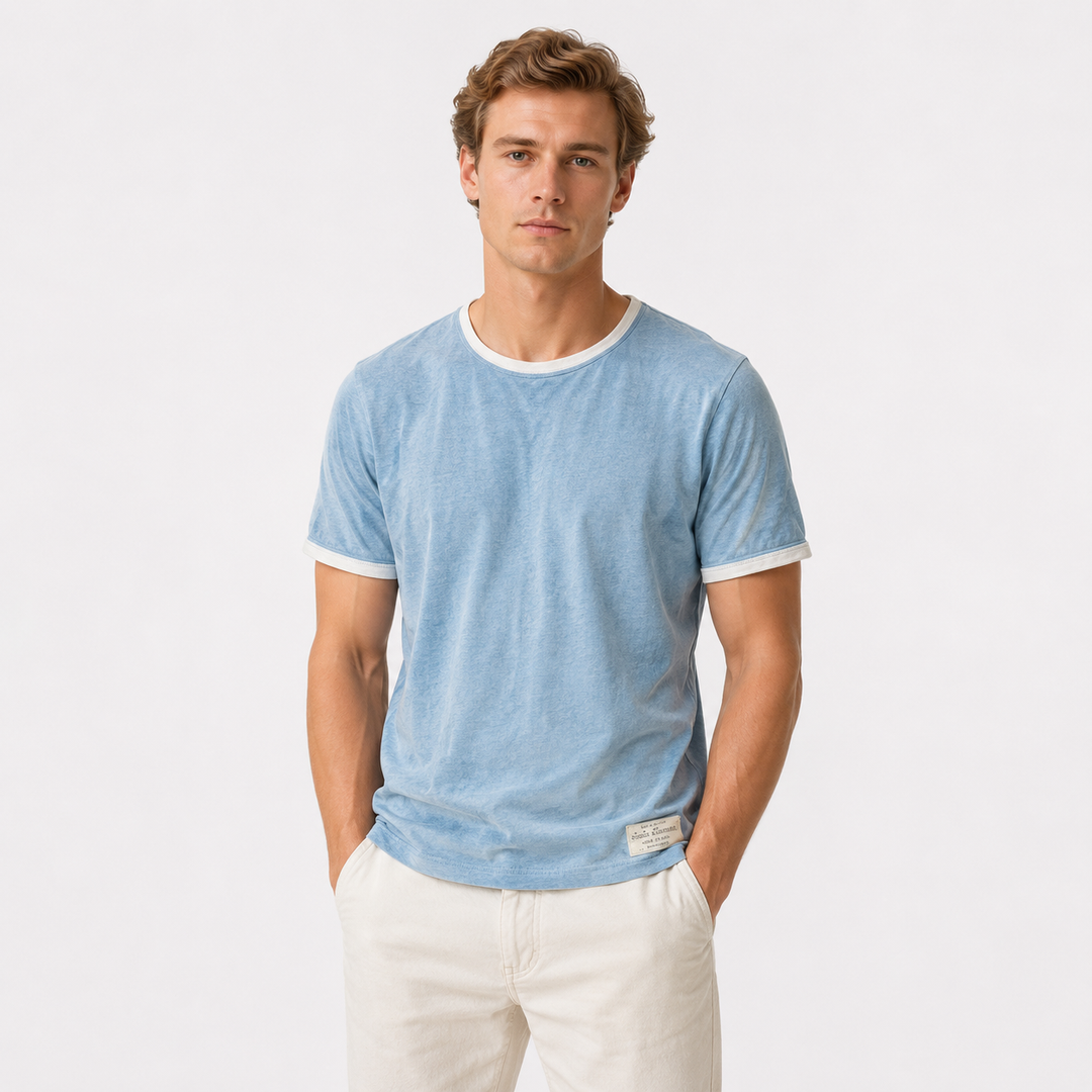 Stilren herre t-skjorte i bambus & bomull. Minimalistisk japansk design, ideell for sommer og fritid.