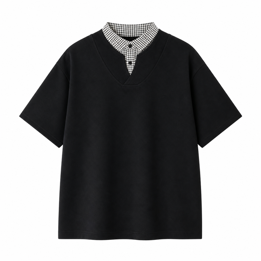 Moderne 2-i-1 herre t-skjorte med dobbel-lag design, inspirert av koreansk mote. Ideell for streetwear og sommer.