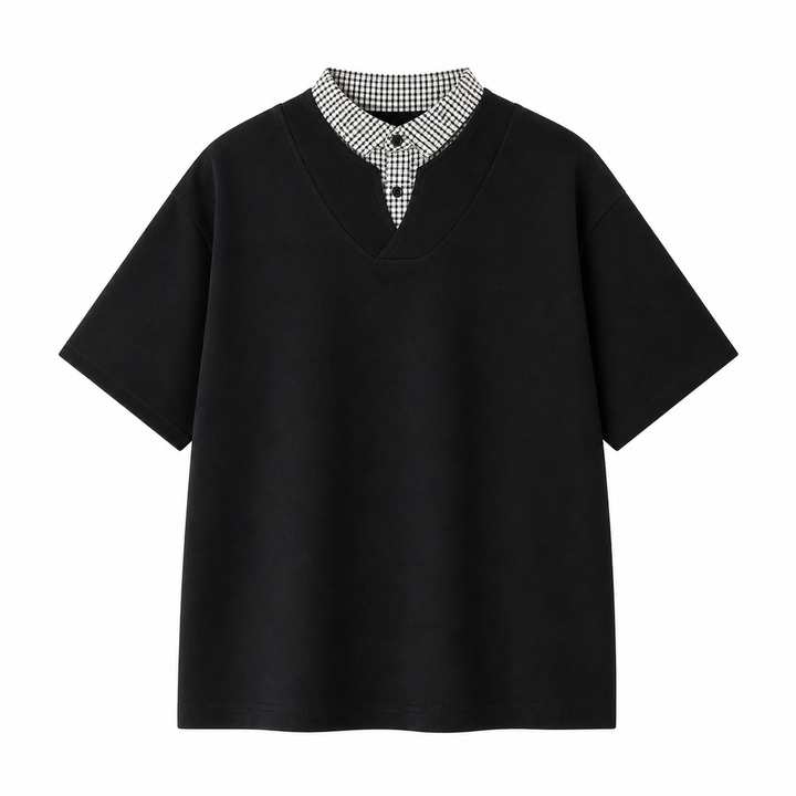 Moderne 2-i-1 herre t-skjorte med dobbel-lag design, inspirert av koreansk mote. Ideell for streetwear og sommer.