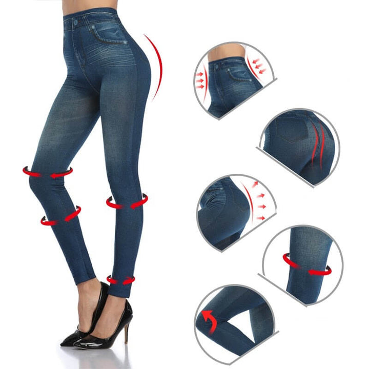Kvinner jeans-leggings med slankende effekt og høymidje, vist bakfra for perfekt passform.
