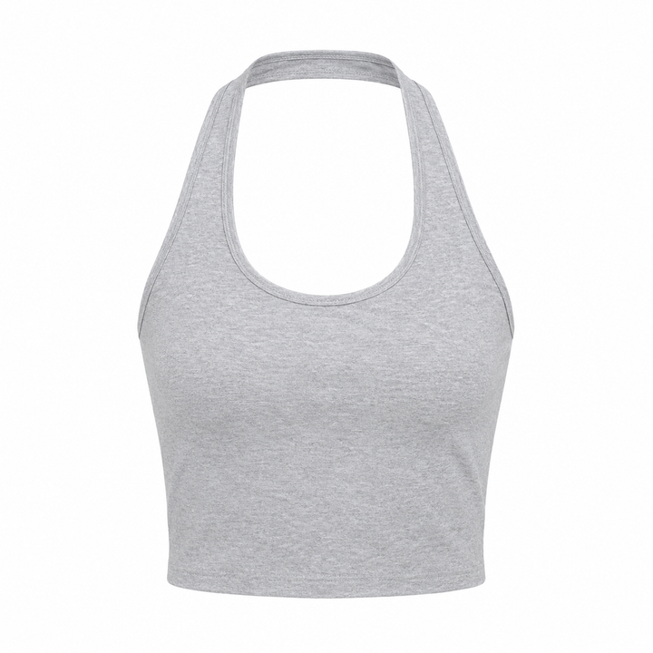 Trendy blomstret ryggløs halter crop topp til dame. Ideell for sommerferie, strand og hverdagsbruk.