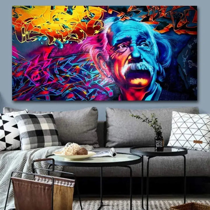 Ikonisk Einstein ansikt i graffiti stil på lerret. Moderne kunst og dekorasjon til hjemmet.