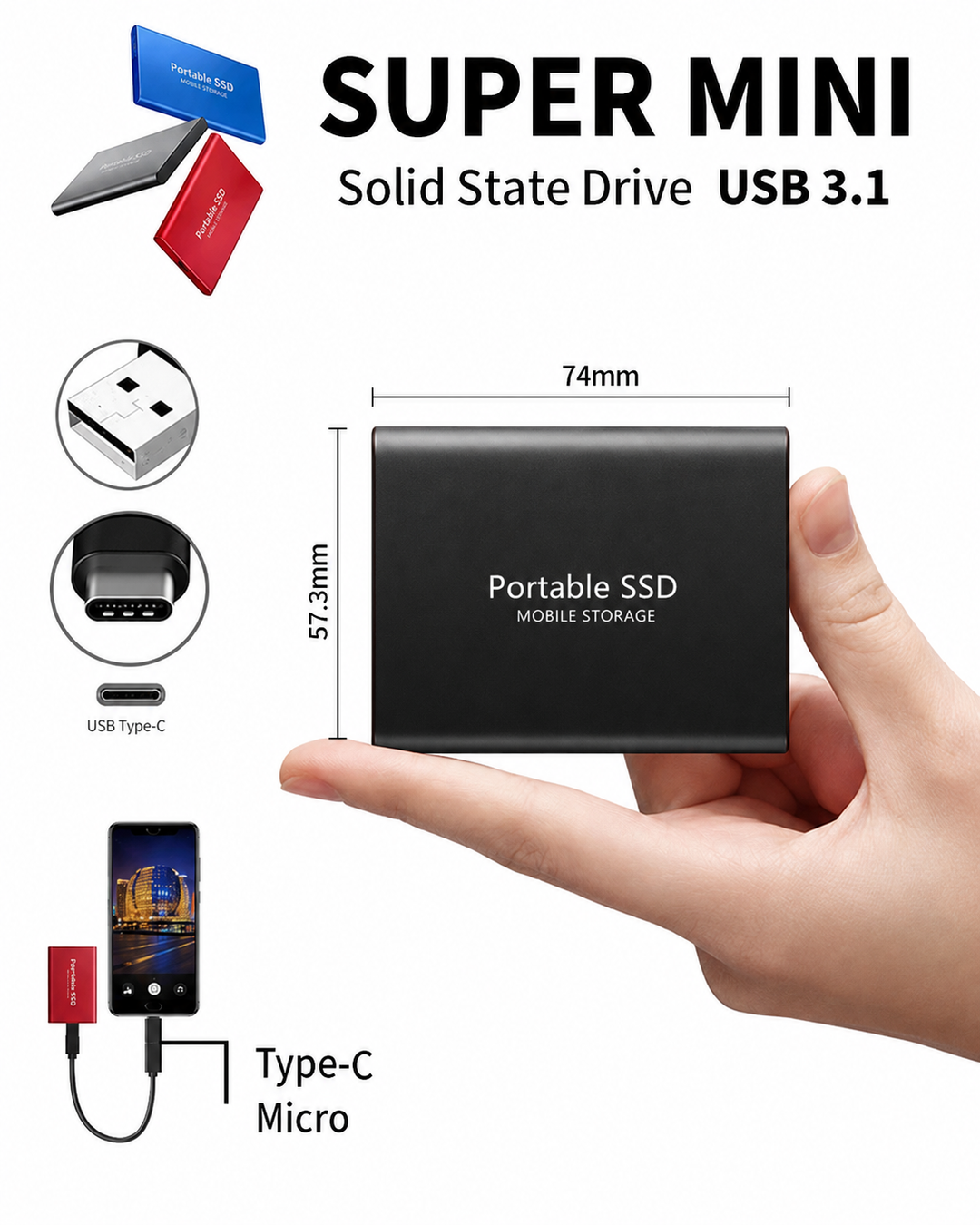 Rask ekstern SSD 128TB med USB-C. Perfekt for lynrask filoverføring og pålitelig digital lagring.