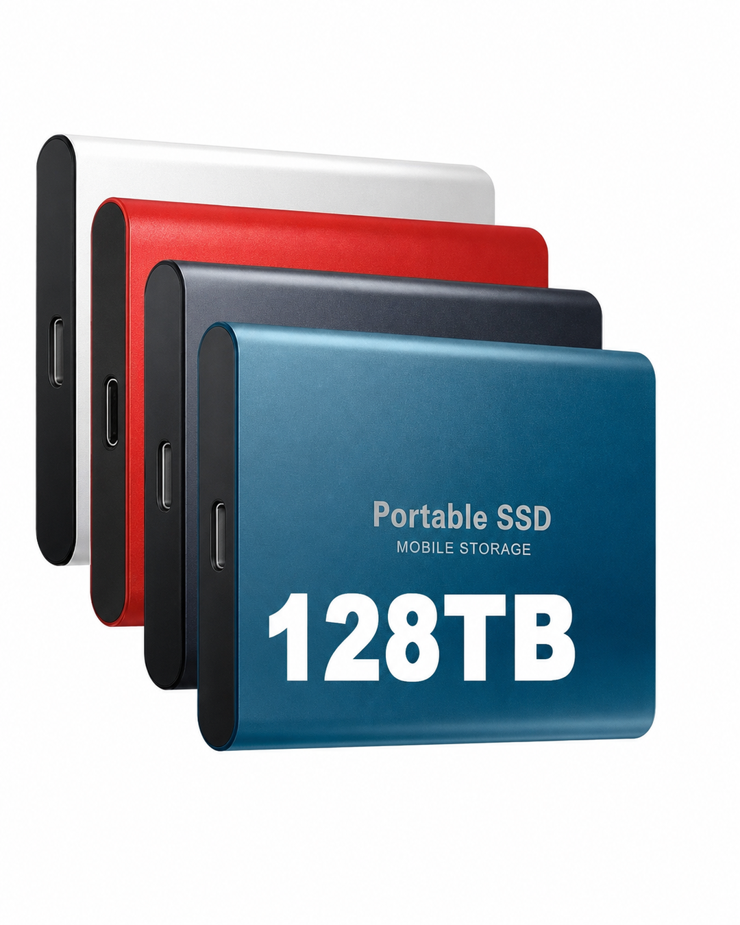 Ekstern 128TB SSD for rask bærbar lagring. Kompakt design med USB-C for effektiv filoverføring.
