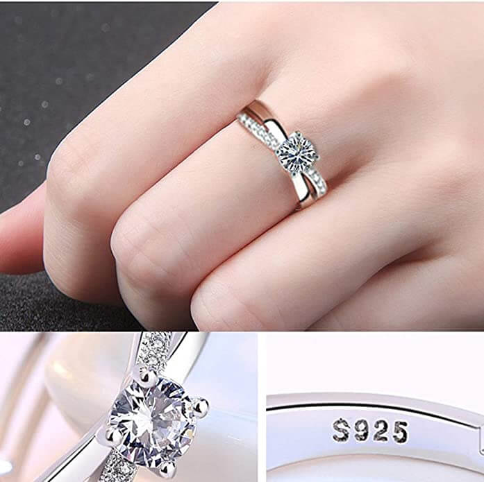 Romantisk justerbar forlovelsesring i sølvbelagt design, med gnistrende cubic zirconia. Flott fest smykke.