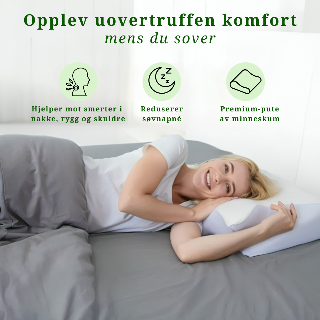 Minneskum pute som former seg etter hode og nakke. Gir komfortabel støtte for en uthvilt morgen.