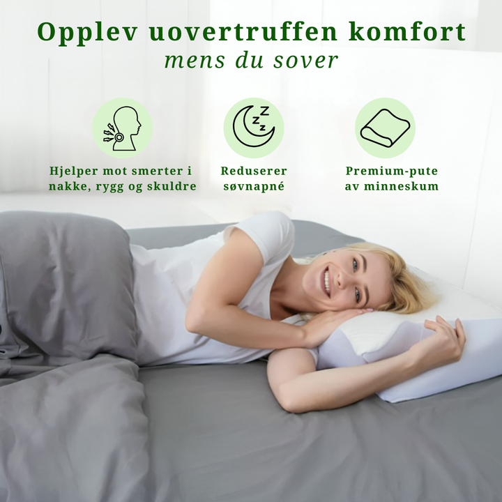 Minneskum pute som former seg etter hode og nakke. Gir komfortabel støtte for en uthvilt morgen.