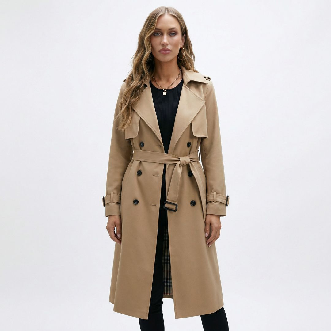 Klassisk beige trenchcoat for kvinner, elegant dobbelspent damekåpe. Tidløst yttertøy for vår og høst.