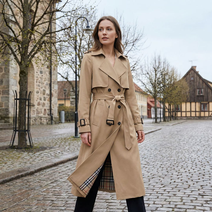 Tidløs trenchcoat for kvinner med justerbart belte. Elegant og dobbelspent damekåpe, ideell høstjakke.
