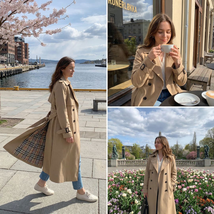 Elegant trenchcoat dame i beige, perfekt som moteriktig vårjakke. Klassisk dobbelspent design.
