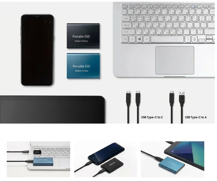 Effektiv 128TB ekstern SSD for rask, sikker og bærbar digital lagring. USB-C for rask overføring.