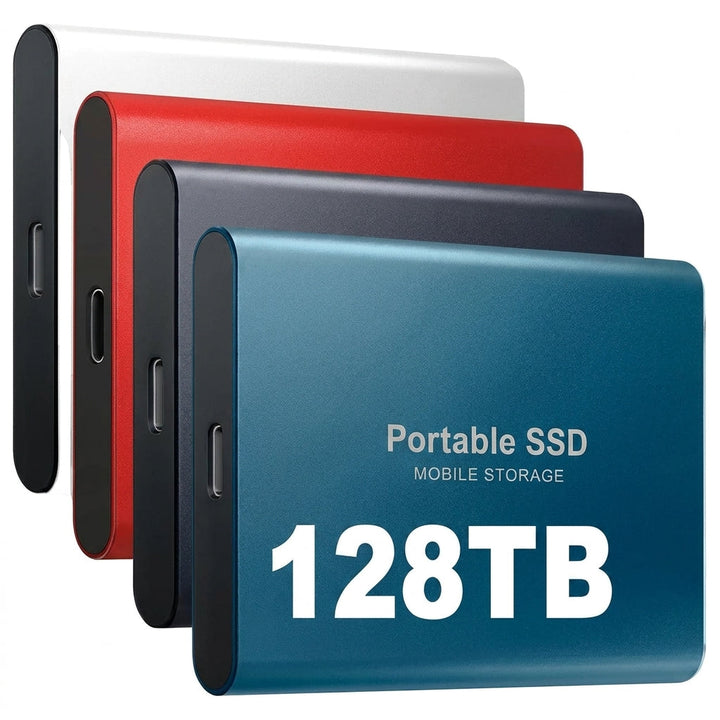 Kompakt 128TB ekstern SSD for bærbar lagring. Rask USB-C overføring, støtbestandig design for databehandling.