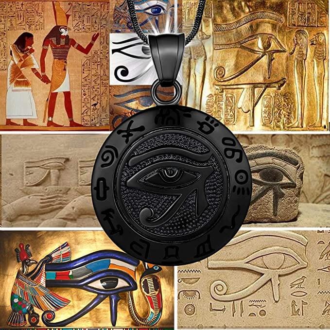 Nærbilde av Horus øye anheng, detaljert utførelse i rustfritt stål. Egyptisk beskyttelsesamulett.