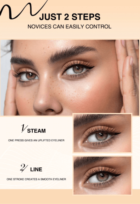 Modell med perfekt, symmetrisk kattøye skapt med eyelinerstempel. For en feilfri og langvarig sminkelook.