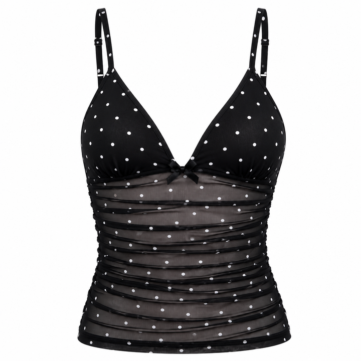 Dame camisole topp, prikkete mønster, V-hals og mesh. Figurnær og elegant sommer topp for alle anledninger.