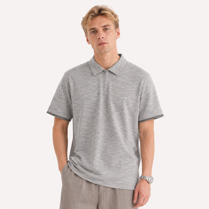 Herre poloskjorte med halv glidelås, rutete detaljer på krage/ermer. Pustende sommerskjorte for stilren casual look.