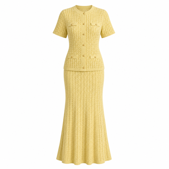 Klassisk elegant strikket dame maxikjole med diskrete paljetter, flott som festkjole eller hverdagskjole.