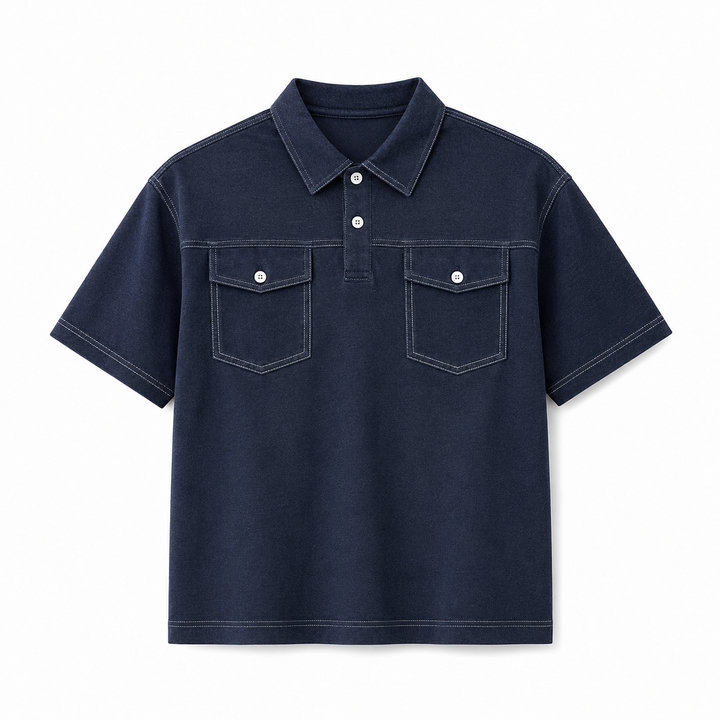 Trendy kortermet denim polo for herre med doble lommer, ideell for casual stil og hverdagsklær.
