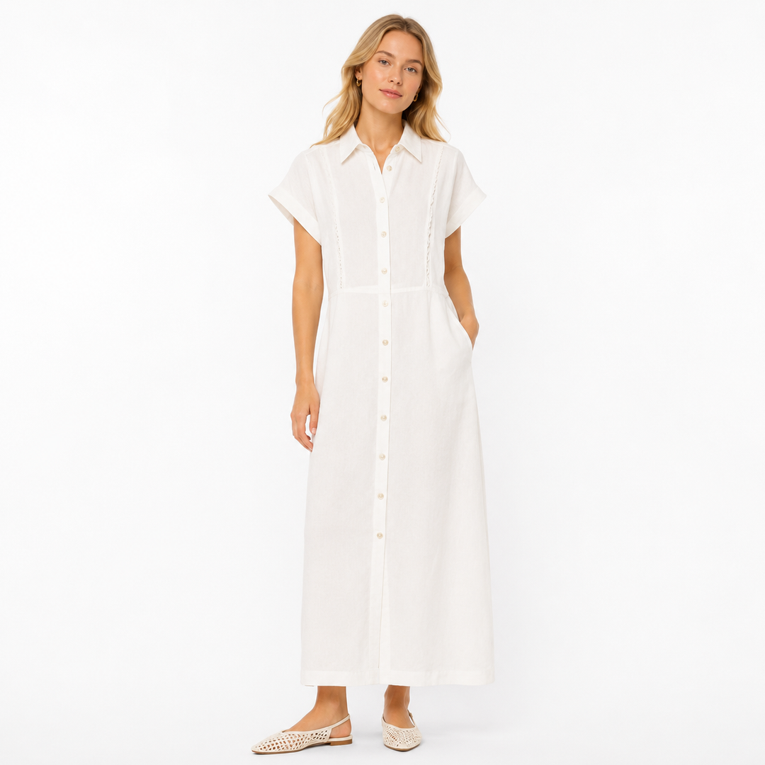 Elegant dame lang kjole i lin og lyocell med knytebelte. Perfekt sommerkjole i fransk stil.