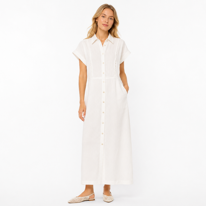 Elegant dame lang kjole i lin og lyocell med knytebelte. Perfekt sommerkjole i fransk stil.