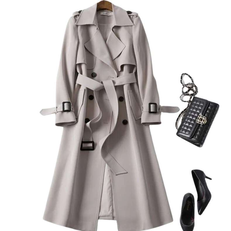 Klassisk lang damekåpe trenchcoat, et elegant ytterplagg for kvinner som følger mote.