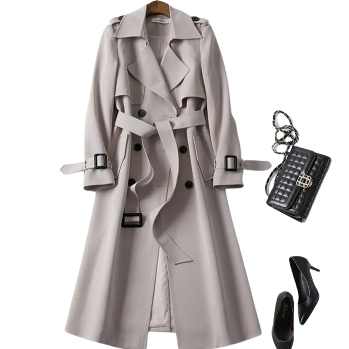 Klassisk lang damekåpe trenchcoat, et elegant ytterplagg for kvinner som følger mote.
