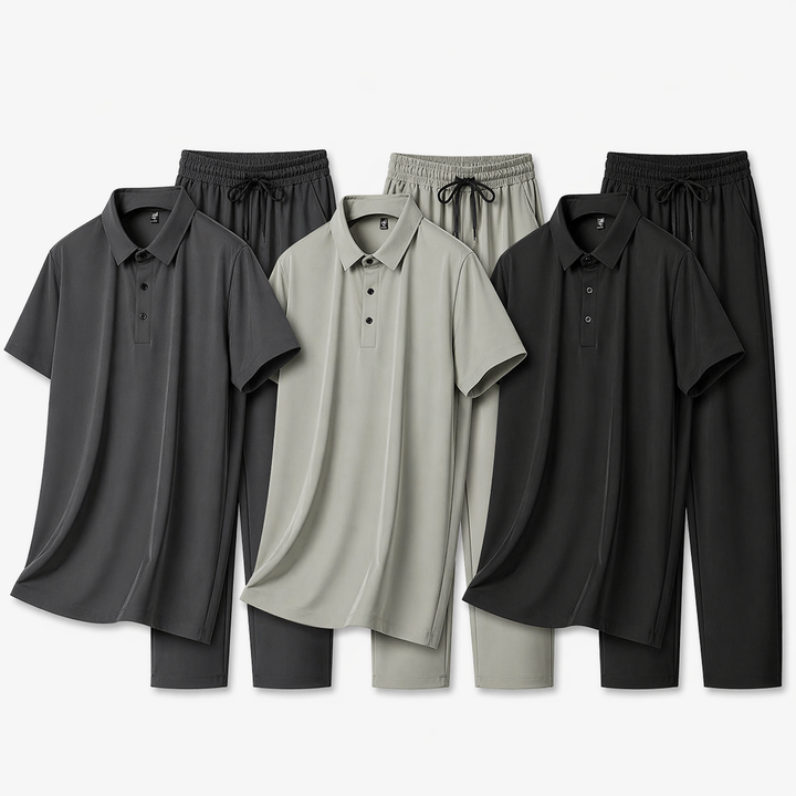Stilrent casual herre sommerantrekk med komfortabel polo og bukse, perfekt for avslappede dager og ferie.