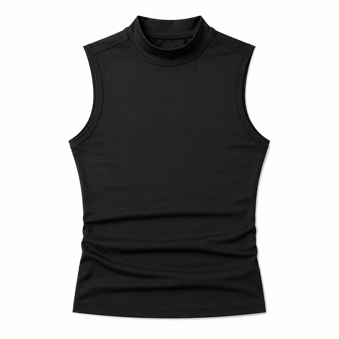 Svart athleisure herre tanktop med høy hals, perfekt for trening, bodybuilding og sportsklær.