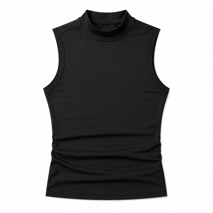 Svart athleisure herre tanktop med høy hals, perfekt for trening, bodybuilding og sportsklær.