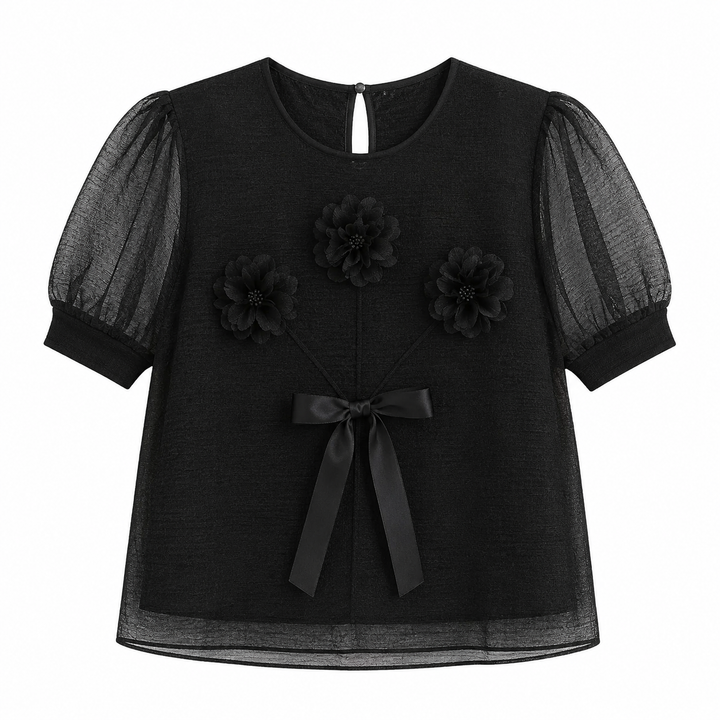 Oransje plissert festtopp for dame med 3D-blomster og elegante puffermer. Ideell feminin sommertopp.