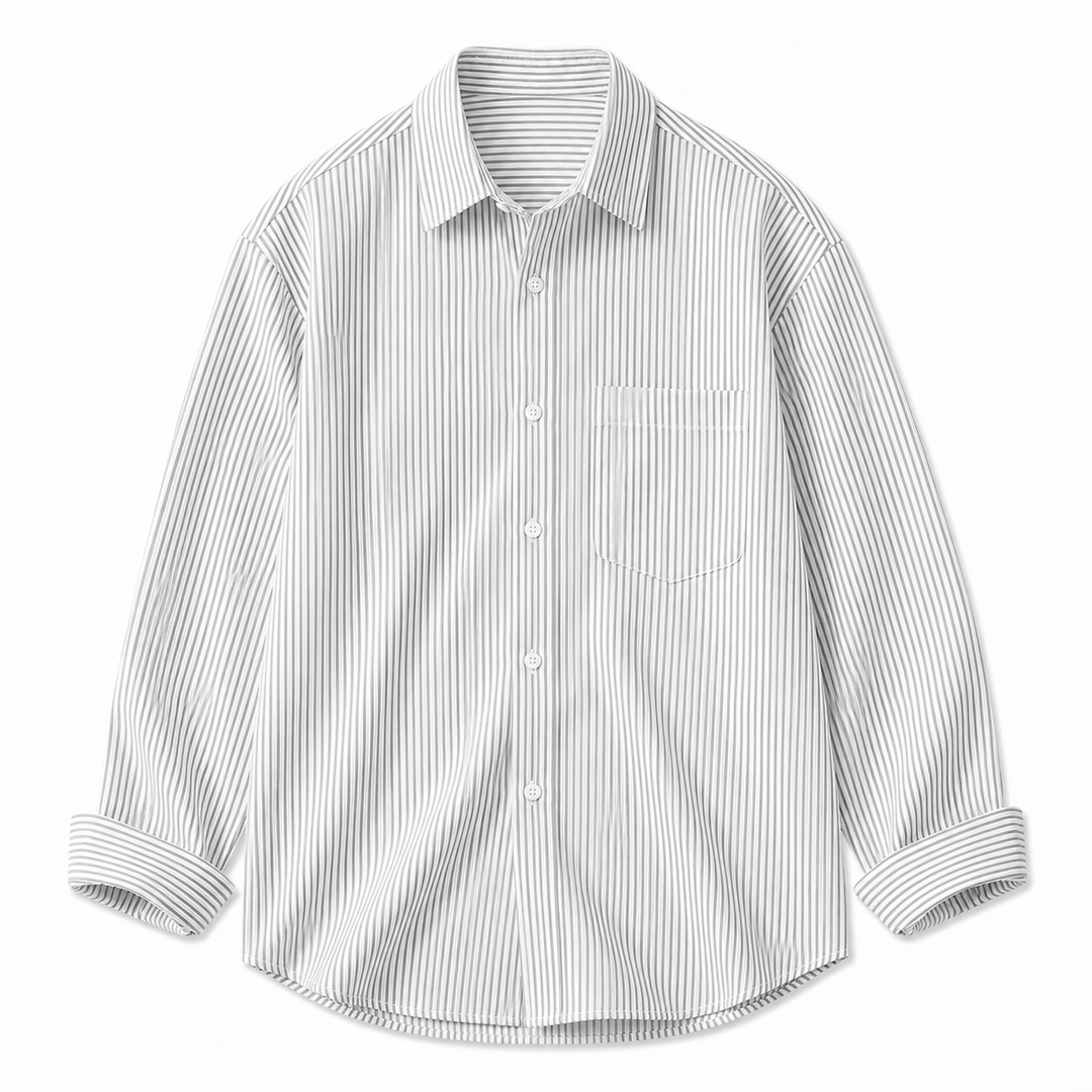 Elegant vintage stripete herreskjorte med praktisk lomme, ideell for retro sommerstil.