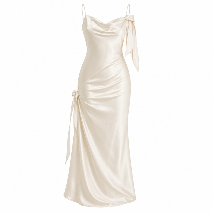 Hvit ryggløs maxikjole til dame med unike 3D-blomsterdetaljer og elegant drapering. Ideell bryllupsgjestkjole.