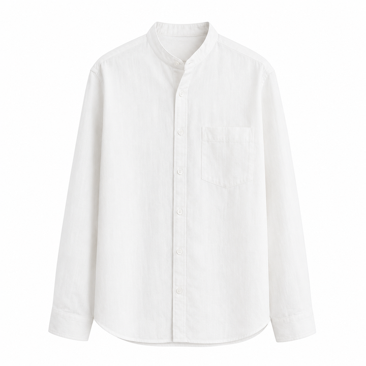 Komfortabel herreskjorte i lin med ståkrage, ideell for sommerens avslappede eleganse.