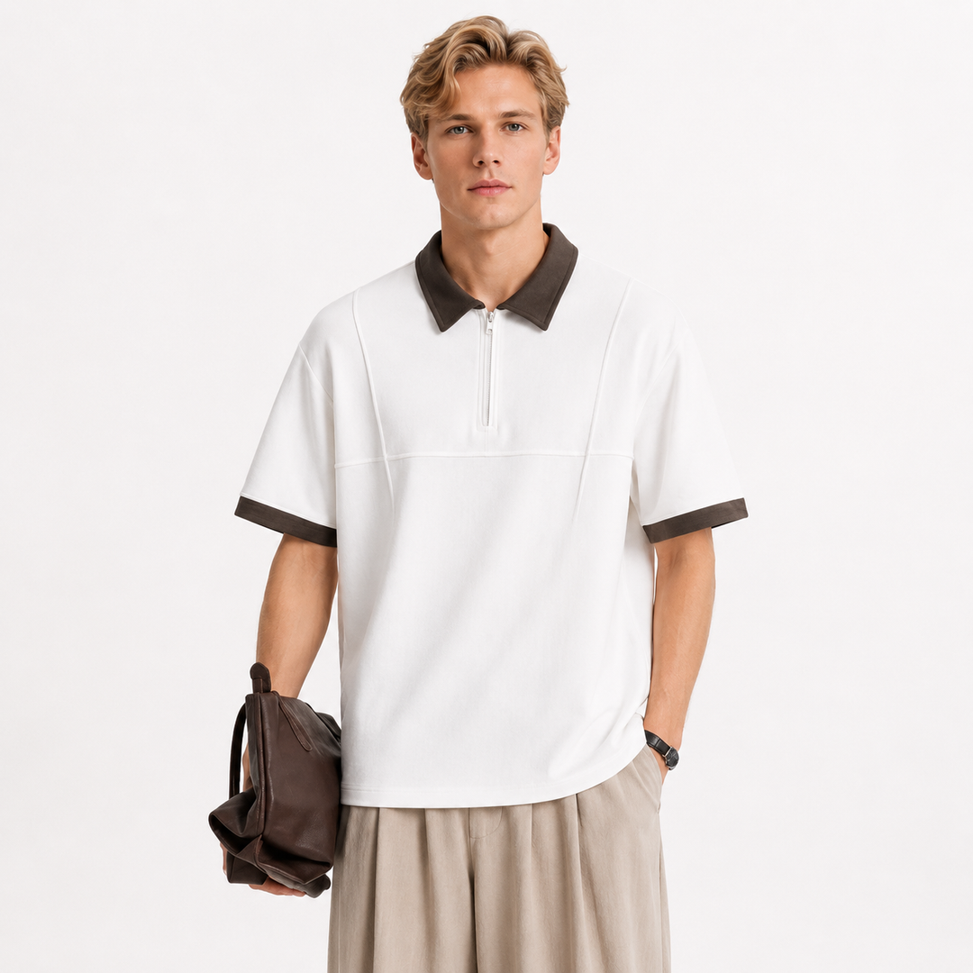 Herre half-zip polo i kraftig modal med moderne hvit og fargeblokk design for avslappet fritidsstil.