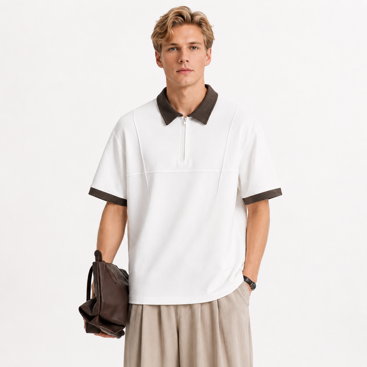Herre half-zip polo i kraftig modal med moderne hvit og fargeblokk design for avslappet fritidsstil.