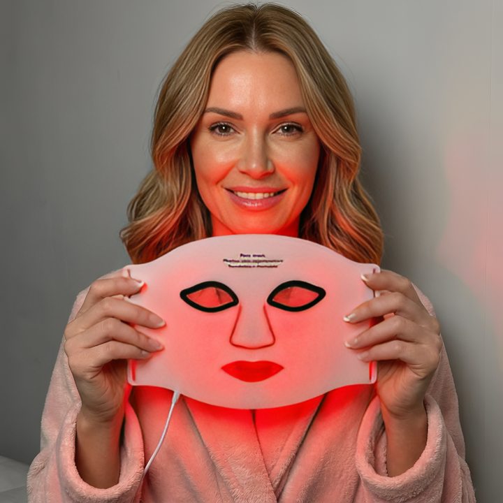 Fleksibel silikon rødlysmaske. Trådløs LED-maske for anti-aldring og hudfornyelse i ansikt og hals.