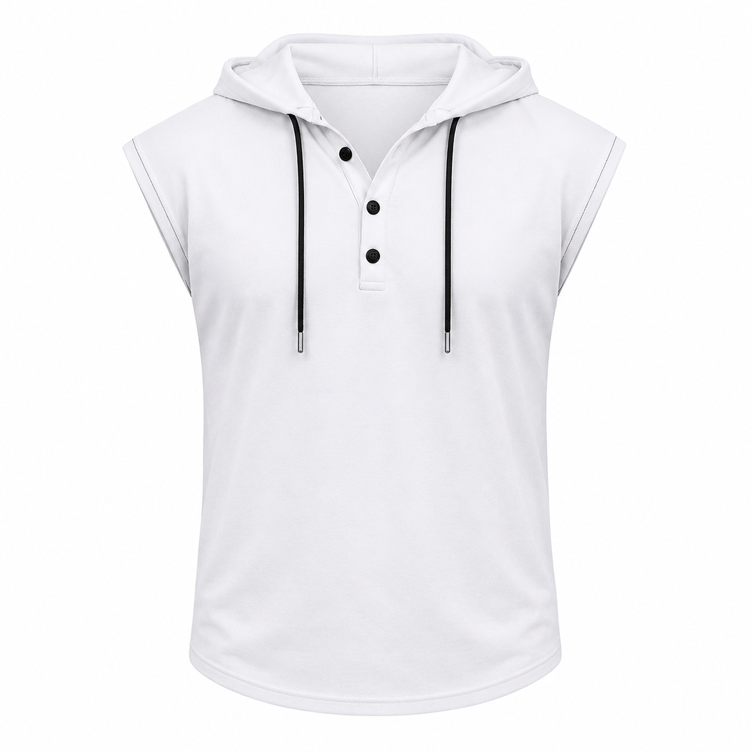Komfortabel herre hettevest uten ermer, flott for trening, gym og activewear. Med praktisk snøring.